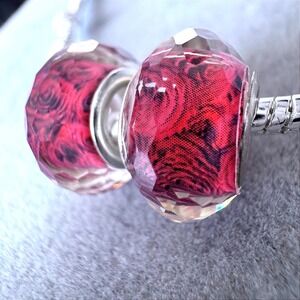 Red Rose Floral Murano Glass Faceted Bead Charm Set fits PANDORA